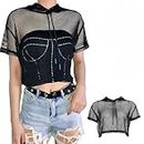 SamHeng Fishnet Hoodie Short Sleeve Crop Tops for Women T-Shirts Pullover Top for Party Clubwear Summer Beach Cover Up(Black/M)
