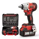 TEENO. 20V Brushless Lithium-Ion Impact Wrench 3.0Ah Batteries, Charger, 3pcs Sockets, 1/2 Inch, 320NM (One Battery)