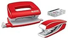 Leitz Wow Mini Stapler and Punch Set Metallic Red, Stapling or Punching up to 10 Sheets + 1000x P2 N°10 Staples 55612026