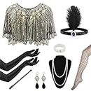 11Pcs 1920s Flapper Great Gatsby Accessories Set,Roaring 20's Theme Set with Shawl Headband Long Gloves Necklace Earrings Handheld Prop,1920s Flapper Costume Vintage Accessories for Women Ladies