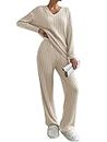Famulily Womens Pajama Sets Two Piece Outfits Comfy Soft Knit Sets for Fall Long Sleeve V Neck T-Shirt Loose Pants Beige L