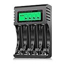 POWEROWL 4-slot AA AAA Battery Charger with LCD Display (USB Quick Charging, Independent Slot) for Ni-MH Ni-CD Rechargeable Batteries (Black)