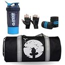 Combo Set of Gym Bag with Gym high Quality Glove with Blue Wrist Support Band and Spider Shaker Bottle