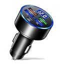 amiciAuto True 65W Car Charger, Universal 5-Port QC 3.0 Car Charger with 4 USB and 1 PD Port for All Your Devices with Battery Voltage Monitoring-Black