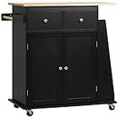HOMCOM Rolling Kitchen Island Trolley Storage Cart with Rubber Wood Top, 3-Tier Spice Rack, Towel Rack Home Kitchen Carts, Black