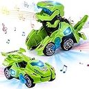 Refasy Car Toys for Boys 3-5 Years Old, Transforming Dinosaur Led Car 2 in 1 Dinosaur Toy Cars Automatic Deformation Dinosaur Car for Boys Girls Toy Cars Birthday Gifts for Kids(Green)