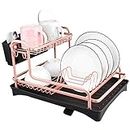 Tomorotec Never Rust Aluminum Dish Rack and Drain Board with Utensil Holder, 2-Tier Kitchen Plate Cup Dish Drying Rack Tray Cutlery Dish Drainer (Matt Rose Gold)