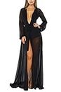 Women's Sexy Thin Mesh Long Sleeve Tie Front Swimsuit Swim Beach Maxi Cover Up Dress, Black, XX-Large