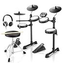 Donner Electric Drum Set, Electronic Drum Kit for Beginner with 180 Sounds, Quiet Mesh Drum Set with Heavy Duty Pedals, Drum Throne, Sticks Headphone Included, Light & Portable(DED-80, New Upgraded)