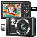 4K 44MP UHD Autofocus Digital Camera with 16X Digital Zoom Vlogging Camera for YouTube, Point and Shoot Camera for Beginners with Two Batteries & 32GB SD Card, Video Camera for Kids Teens, Boys, Girls