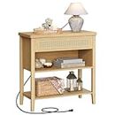 VASAGLE Console Table with Power Outlets, Entryway Table with Storage Shelf, Sofa Table with Drawer, Open Compartment, Rounded Corners, for Living Room, Boho Style, Oak Beige ULNT140Y57