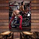 Sexy Tattoo Lady Biker Motorcycle Wall Art Poster Garage Room Decor Flag Banner