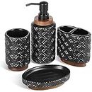 RQYIXI Bathroom Accessories Set 4 Pcs Toothbrush Holder Soap Dispenser Ceramic and Wood Bathroom Decor Set with Toothbrush Cup Soap Dish Tumbler Black