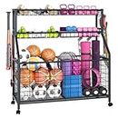 Azheruol Ball Storage Rack Large Sports Equipment Organizer Cart for Garage,Home Gym Multifunctional Sports Gear Storage for Indoor Or Outdoor, Ball Rack for Basketball,Baseball, Football, Toys