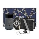 Relish Gift Combo Box of Men's Black Analog Leather Strap Watch, Texture Wallet, CFS Black Long Lasting Perfume and Metal Hook Keychain