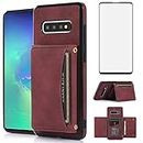 Asuwish Phone Case for Samsung Galaxy S10 Plus Wallet Cover with Glass Screen Protector and Card Holder Stand Cell Accessories Glaxay S10+ Galaxies S10plus 10S Edge S 10 10plus Cases Women Wine Red
