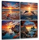 Beach Decor Canvas Wall Art - 4 Panels Framed Sea Ocean Painting Seascape About Double Dolphin Sunrise and Sunset Sandbeach Scenery Seascape Pictures Wall Decoration for Office Home 12x12 inches