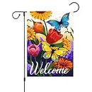 Louise Maelys Welcome Summer Spring Floral Garden Flag 12x18 Double Sided, Burlap Small Vertical Spring Summer Butterfly Garden Yard Flags for Summer Seasonal Outside Outdoor House Decoration (ONLY FLAG)