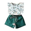 Baby Toddler Girls Summer Outfits Clothes 2-7 Years Old Kids Flower Print T-Shirt Top and Belt Shorts Set, Green, 5-6 Years Old