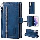 UEEBAI Wallet Case for Samsung Galaxy S21 5G, Retro 9 Card Holder Slots Zipper Pocket Handbag Case PU Leather Magnetic Closure Kickstand with Wrist Strap TPU Shockproof folio Case - Blue