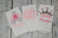 Princess Personalized Baby Girl Burp Cloth set 3 Burp Cloths Pink and Silver