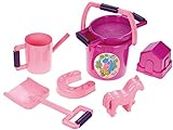 Lena 05445 Happy Play Set with 7 Parts for Children from 2 Years, Beach Toy with Bucket, Sieve, House Mould, Pony and Horseshoe, Big Sand Shovel and Oil can, Pink