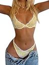 popiv Woman Sexy Lingerie Lace Set Floral Matching Underwire Bra and Panties Sets Yellow