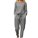 2 Piece Linen Outfits for Women Summer Dressy Business Work Suits Streetwear Lounge Sets Long Sleeve Tops a