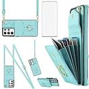 Asuwish Phone Case for Samsung Galaxy S21 Ultra 5G Wallet Cover with Tempered Glass Screen Protector and Wrist Strap Ring RFID Blocking Credit Card Holder Cell S21ultra 21S S 21 21ultra G5 Women Teal