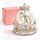 DANVON Gift Wrapped Carousel Horse Unicorn Music Box Snow Globe Color Changing LED Lights for Women Kids Baby Girls Mom Daughter Granddaughter Christmas Birthday Gifts Valentines Day Gift (White)