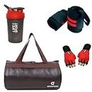 GROUPERS® Combo Set of Duffle PU Leather Bag with Gloves, Wrist Band & Shaker Bottle-400ml/Gym Bags/Adjustable Shoulder Bag for Men/Fitness Bag/Carry Bags/Sports & Travel Bag/Sports Kit/(Brown)