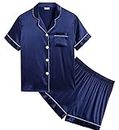 SWOMOG Kids Girls Boys Silk Pajamas Short Seleeve Button-Down Pjs Satin Pajama Set Nightwear Lounge Sets with Shorts Navy Blue