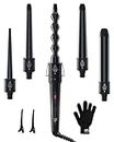 Curling Wand, Ohuhu 5 in 1 Hair Curler, Curling Tongs Iron Set with 5 Pcs 0.35 to 1.25 Inch Interchangeable Ceramic Barrel Heat Protective Glove 2 Clips Dual Voltage, Gift for Girl Women Mother's Day