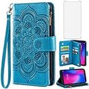 Asuwish Phone Case for ZTE Avid 579 Z5156CC Wallet Cover with Tempered Glass Screen Protector and Flower Leather Flip Credit Card Holder Stand Cell Accessories ZTE Blade A3 2020/A3 Joy Women Men Blue