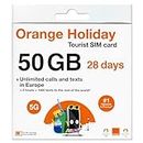 Orange Holiday Europe SIM Card 28Days | 50Gb Internet in 5G/4G/LTE (Data Sharing Allowed)| Unlimited Local Calls + 120 Minutes + 1000 Texts to Worldwide. Upgraded Offer!