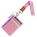 WAVEYU Pink Glitter Lanyard Wallet for Women Girls, Slim RFID Blocking Credit Card Case Holder Wristlet Zip ID Case Wallet Small with 6 Card Slots,1 ID Window, 1 Zipper Pocket, Glitter Pink