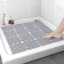 Square Shower Mat Non Slip - Shower Floor Mat with Suction Cups and Drain Holes - Anti Slip Shower Stall Mat for Elderly Kids - Machine Washable 24 x 24 inch Grey