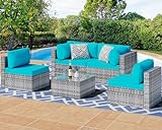Shintenchi 5 Pieces Outdoor Patio Sectional Sofa Couch, Silver Gray PE Wicker Furniture Conversation Sets with Washable Cushions & Glass Coffee Table for Garden, Poolside, Backyard (Blue)
