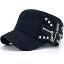 Rayna Fashion Men Women Soft Washed Cotton Adjustable Flat Top Military Army Hat Cadet Cap Zip Studs Embroidery Patch Black