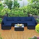 Tangkula 7 Piece Patio Furniture Set, Outdoor Sectional Sofa w/Pillows and Cushions, Wicker Sofa Conversation Set with Coffee Table, Patio Sofa and Tea Table Set for Garden, Lawn (Navy Blue)