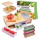 Bamboo Cutting Board With Containers - Meal Prep Station With Removable Top, Kitchen Boards & Food Storage Tray With Lids, Home Prepdeck Marble & Veggie Shredder Wood Prepboard Deck Slide Drawer Bins