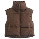 Qtinghua Women's Winter Crop Puffer Vest Stand Collar Lightweight Sleeveless Warm Jacket Outerwear Padded Gilet (I-Coffee, M)