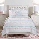 Cozy Line Home Fashions Light Pink Blue Coral White Ruffle 100% Cotton Reversible Girl Quilt Bedding Set, Reversible Coverlet Bedspread (Shabby Chic, Twin - 2 Piece)