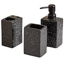 Nestasia Ceramic Bathroom Accessories Set of 3, 1 Soap Dispenser, 1 Segmented Toothbrush Holder & 1 Tumbler, Pebble Stone Matte Textured, Black