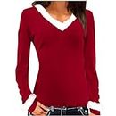 Cyber of Monday Deals Gifts Womens Christmas Shirts Fuzzy Faux Fur Trim V Neck Long Sleeve Tops Xmas Graphic Holiday Lightweight Sweatshirts Recent Orders