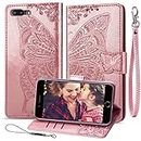 Wallet Case for iPhone 8 Plus/iPhone 7 Plus,Women Butterfly Emboss PU Leather Kickstand Card Holder Slots Wrist Strap Flip Folio Cover for iPhone 6 Plus/6S Plus/7 Plus/8 Plus,5.5 Inch (Rose Gold)