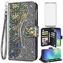 Asuwish Phone Case for Samsung Galaxy S10 Plus Wallet Cover with Screen Protector and Wrist Strap Bling Glitter Flip Zipper Card Holder Slot Cell S10+ S10plus 10S Edge S 10 10plus Women Girls Black