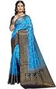 iZibra Women Kanjivaram Soft Cotton Silk Saree Pattu Sarees Banarasi Sari Original Kanchipuram Pure Silk Design with Blouse for Wedding sadi new ladies 2022 (Keri-Meena), Sky Blue Navy Blue, One Size