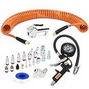 FYPower 22 Pieces Air Compressor Accessories kit, 1/4 inch x 25 ft Recoil Poly Air Compressor Hose Kit, 1/4" NPT Quick Connect Air Fittings, Tire Inflator Gauge, Blow Gun, Swivel Plugs, Orange PU Hose