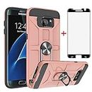 Phone Case for Samsung Galaxy S7 Edge 5.5 inch with Stand Tempered Glass Screen Protector Cover Credit Holder Wallet Slim Protective Cell Accessories Glaxay S7edge S 7 Plus GS7 7s 7edge Rose Gold